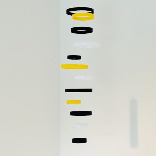 Whirlwind Kinetic Mobile with 12 Rings in Black Yellow and White