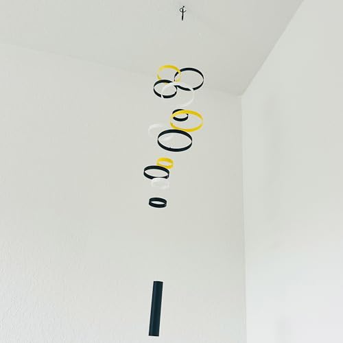 Whirlwind Kinetic Mobile with 12 Rings in Black Yellow and White