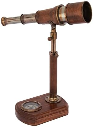 25cm Antique Brass and Leather Telescope with Compass