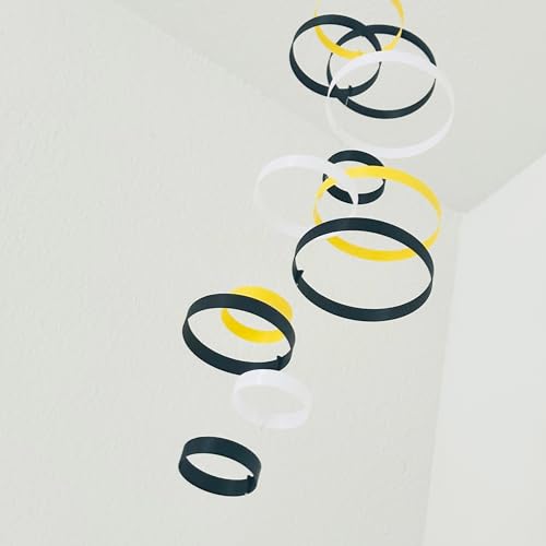Whirlwind Kinetic Mobile with 12 Rings in Black Yellow and White
