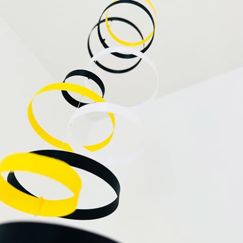 Whirlwind Kinetic Mobile with 12 Rings in Black Yellow and White