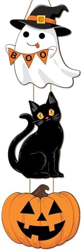 Halloween Decor Wooden Sign with Ghost and Cat