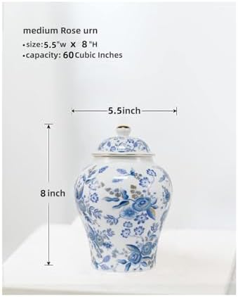 8 Inches Blue Rose Ceramic Urn for Female Keepsake