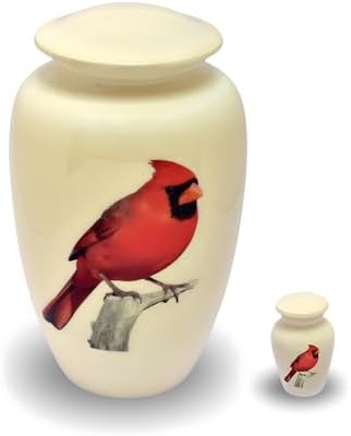 Handcrafted Cardinal Cremation Urn - Aluminum Memorial Urn with Decorative Design and Secure Lid