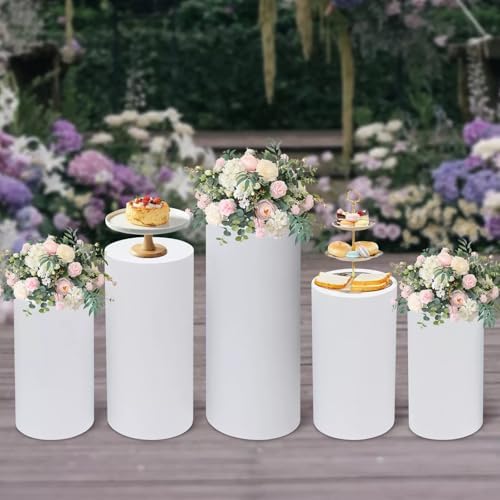 Ringmaster 5Pcs White Metal Cylinder Pedestal Stands for Party