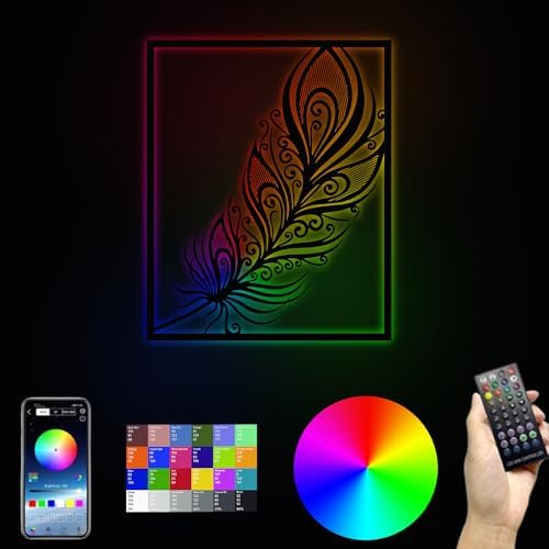 CNC Wood LED Feather Wall Art with RGB Control