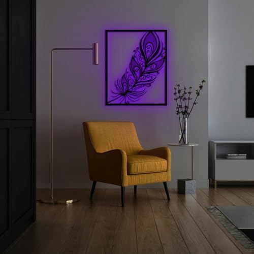 CNC Wood LED Feather Wall Art with RGB Control