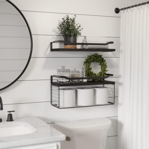WOPITUES Floating Shelves with Wire Basket and Guardrail