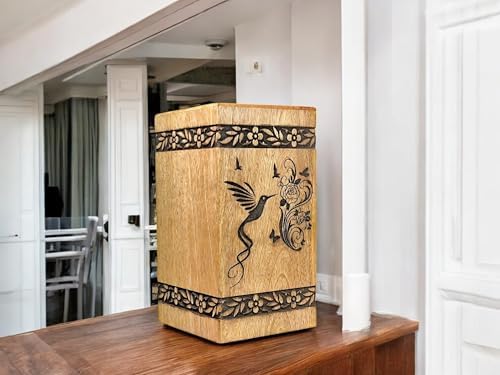 Handcrafted Wooden Cremation Urn with Bird Engraving
