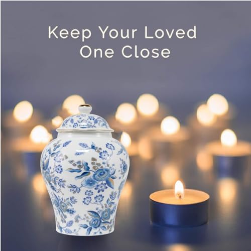 8 Inches Blue Rose Ceramic Urn for Female Keepsake