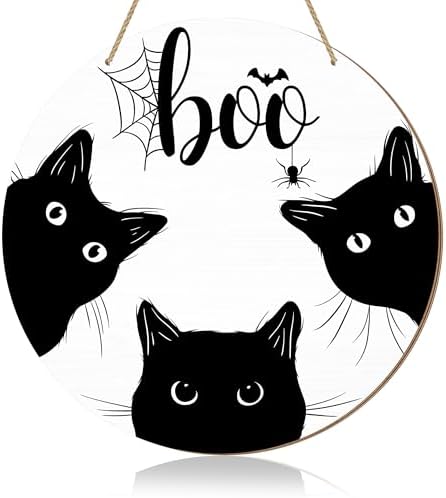 Halloween Black Cat Door Sign with BOO Text