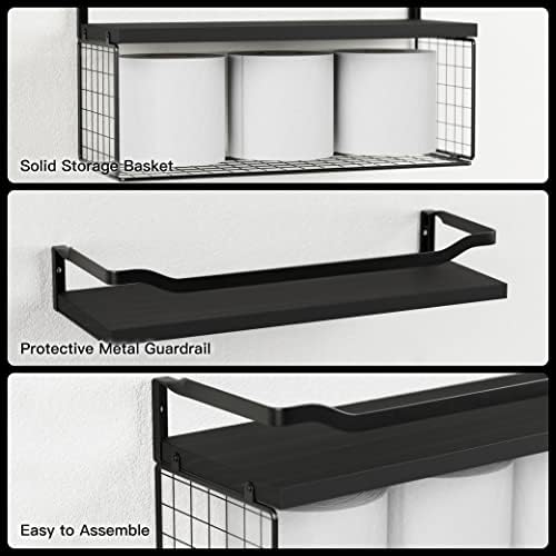 WOPITUES Floating Shelves with Wire Basket and Guardrail