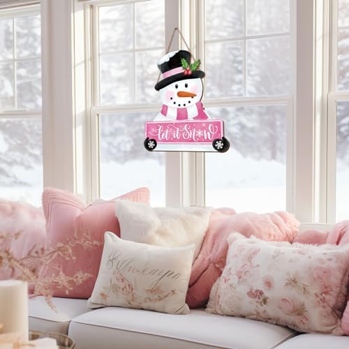 Whaline Pink Snowman Wooden Door Hanger Sign