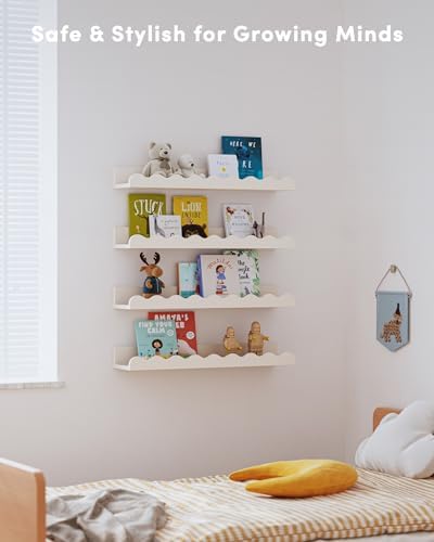 Kids Bookshelf Set of 4 White Floating Wall Shelves