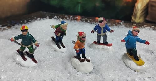 Moments in Time Set of 5 Hand-Painted Christmas Village Skiing Figures
