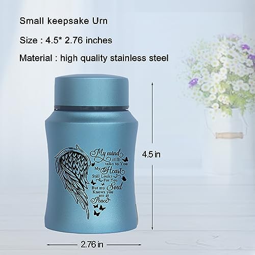 45 Inch Small Urn Stainless Steel Heart Shape Memorial Ashes Container Blue