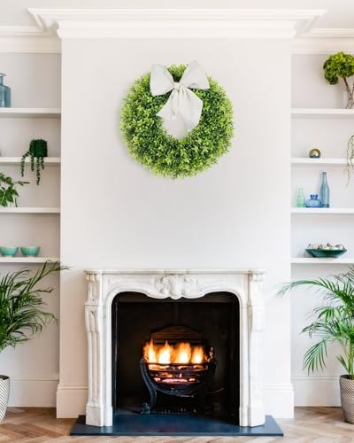 22 Inch Artificial Boxwood Wreath with Sash for Front Door