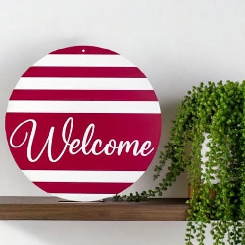 Craig Bachman Welcome Round Metal Sign Red White Stripes