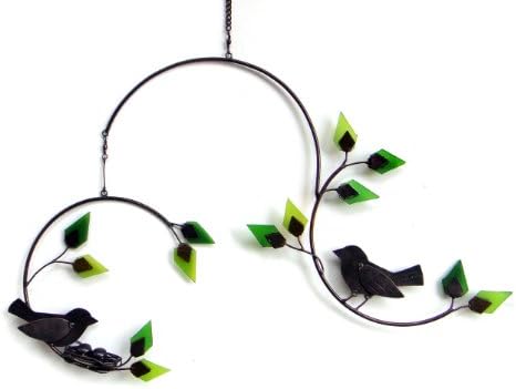Forest Birds Yard Art with Glass Leaf Mobile