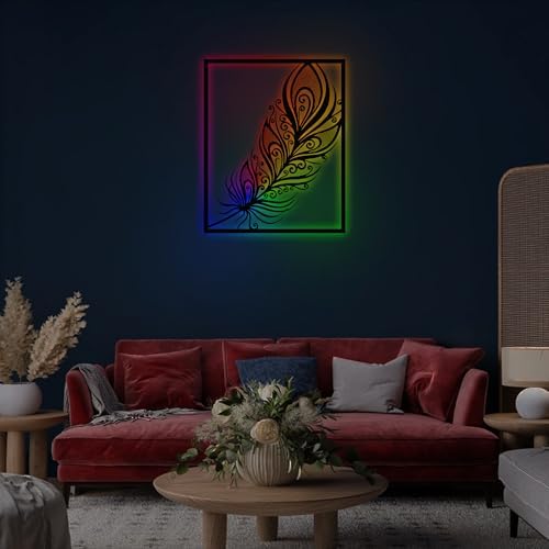 CNC Wood LED Feather Wall Art with RGB Control