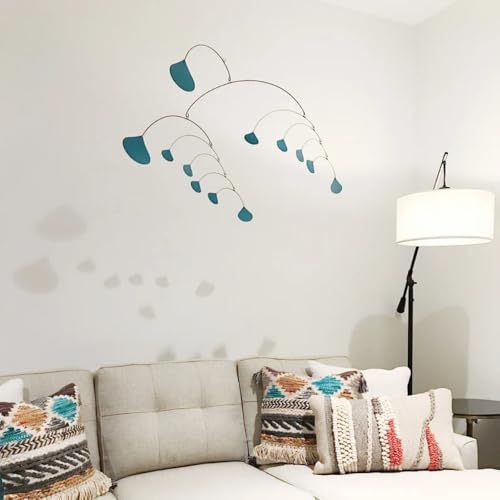 Mid Century Modern Teal Ginkgo Hanging Mobile 40 W x 24 H