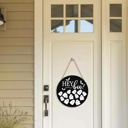 Hey Boo Halloween Wreath 12x12 Inch Wood Door Hanger