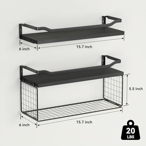 WOPITUES Floating Shelves with Wire Basket and Guardrail