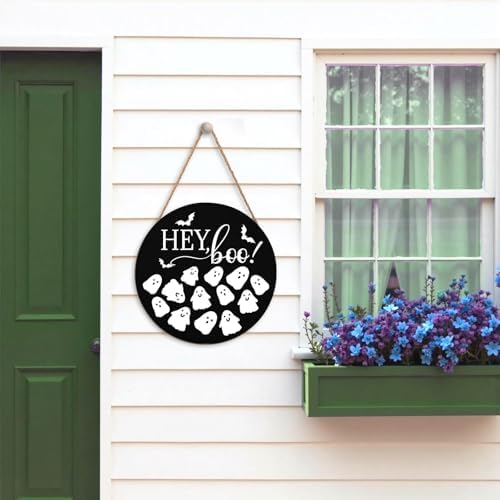 Hey Boo Halloween Wreath 12x12 Inch Wood Door Hanger