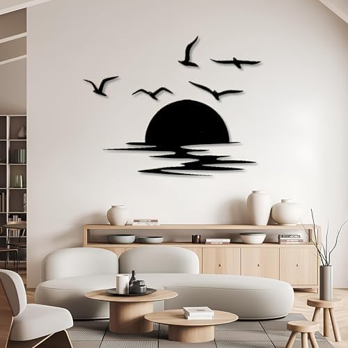 Sunset Scene Metal Wall Art Birds Landscape Decor
