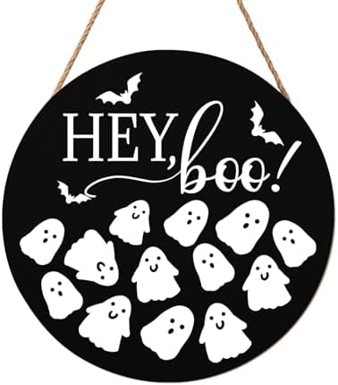 Hey Boo Halloween Wreath 12x12 Inch Wood Door Hanger