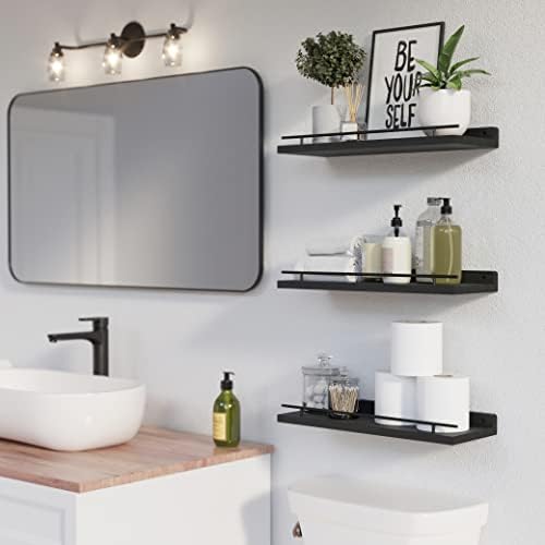 WOPITUES Floating Shelves with Black Metal Guardrail Set of 3