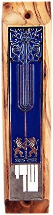 Lions of Judah Olive Wood Mezuzah - Blue and White Enamel