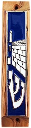 Olive Wood Mezuzah with Enamelled Jerusalem Design in Blue Made in Israel