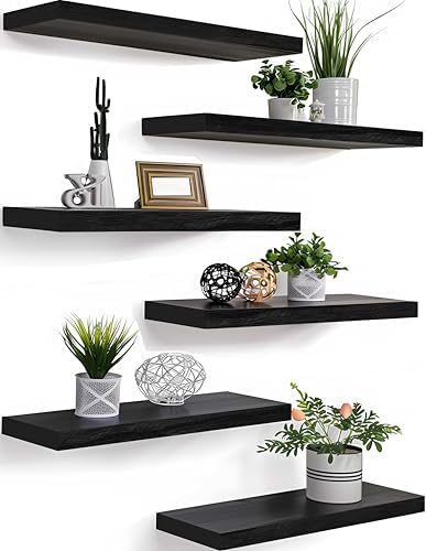 PHPH Wood Floating Shelves Set of 6 Black 17 Inch