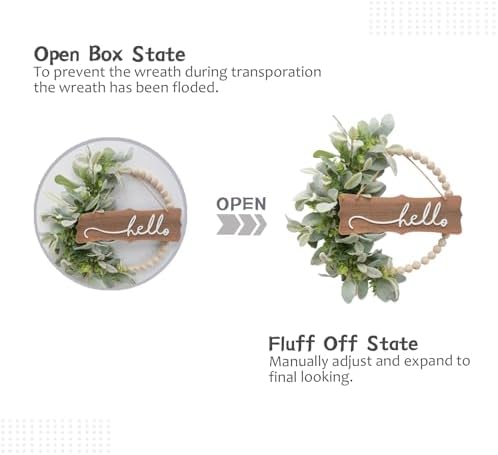 Farmhouse Green Wreath with Wood Beads and Artificial Leaves