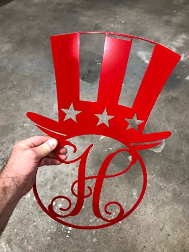 Patriotic Hat Monogram Metal Door Hanger Wreath Red
