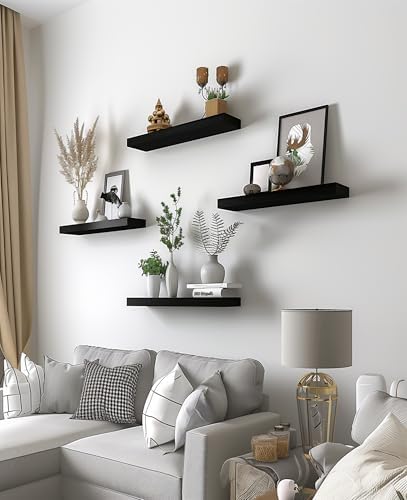 PHPH Wood Floating Shelves Set of 6 Black 17 Inch