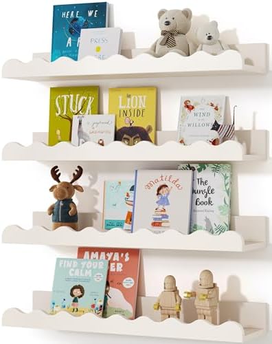 Kids Bookshelf Set of 4 White Floating Wall Shelves
