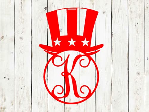 Patriotic Hat Monogram Metal Door Hanger Wreath Red