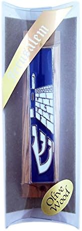 Olive Wood Mezuzah with Enamelled Jerusalem Design in Blue Made in Israel