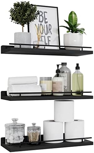 WOPITUES Floating Shelves with Black Metal Guardrail Set of 3