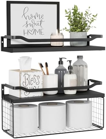WOPITUES Floating Shelves with Wire Basket and Guardrail
