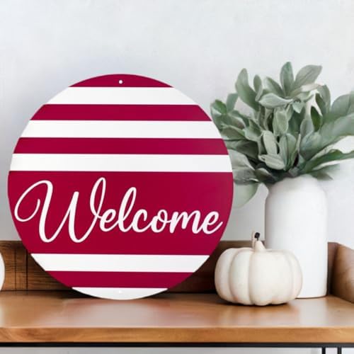 Craig Bachman Welcome Round Metal Sign Red White Stripes