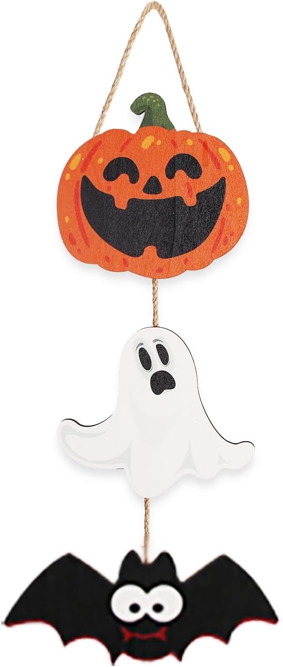 Halloween Wooden Door Hanger 3 Pack with Pumpkin Ghost Bat Design