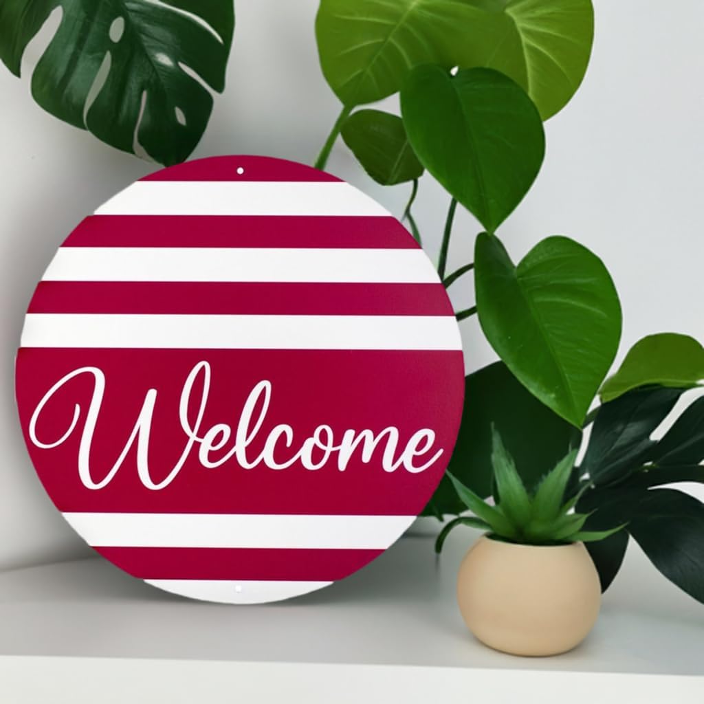 Craig Bachman Welcome Round Metal Sign Red White Stripes