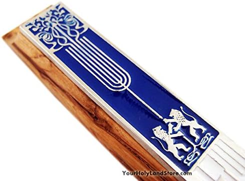 Lions of Judah Olive Wood Mezuzah - Blue and White Enamel
