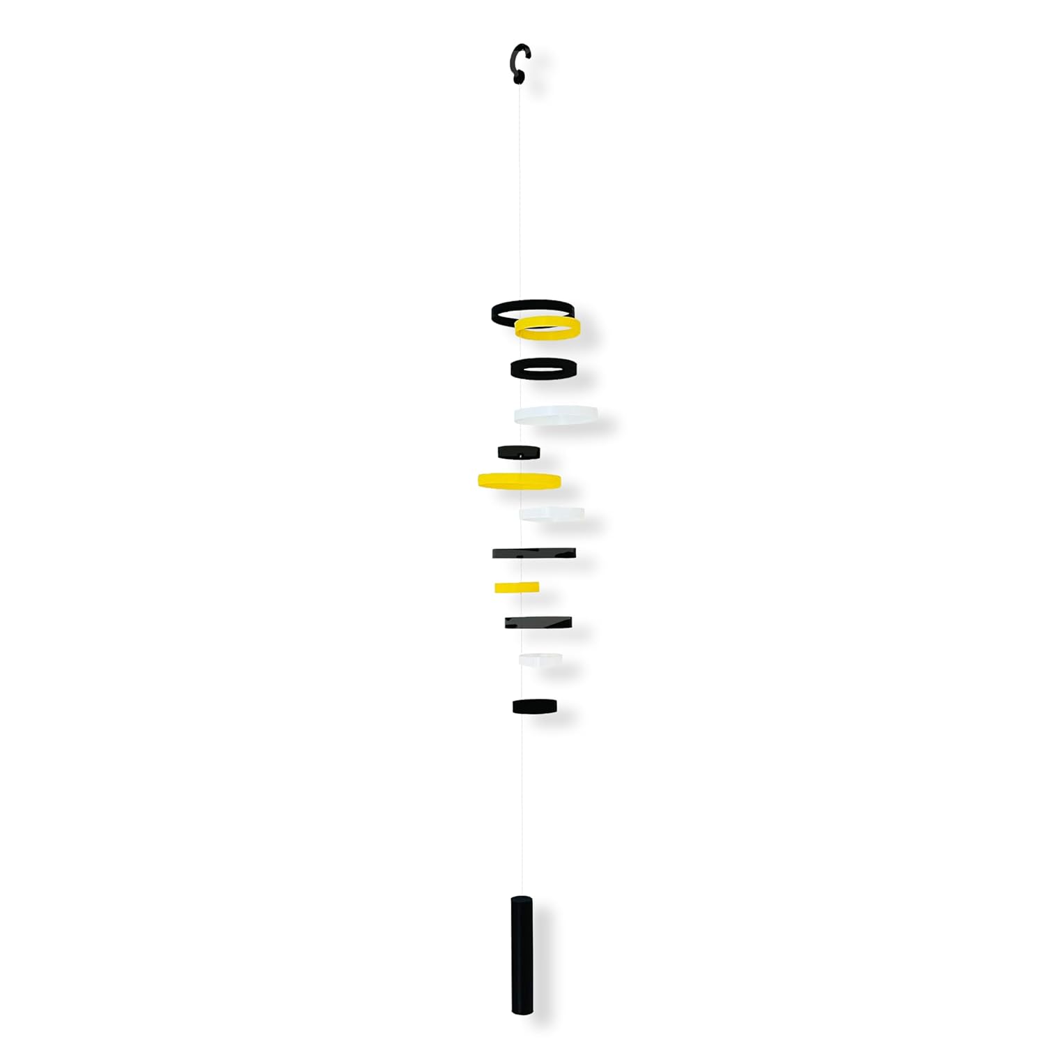 Whirlwind Kinetic Mobile with 12 Rings in Black Yellow and White