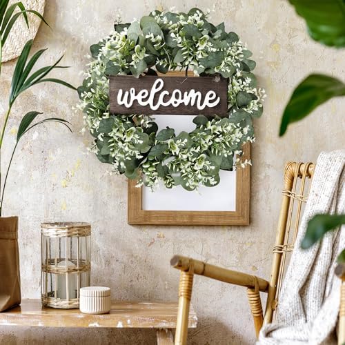 Sggvecsy 16in Artificial Eucalyptus Wreath with Welcome Sign