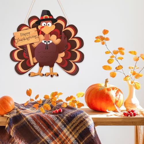 COCHIE Thanksgiving Turkey Wooden Wreath Sign for Front Door