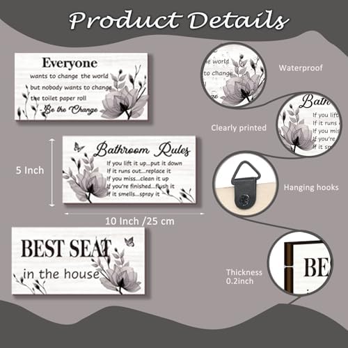 DONFENTHY 3 Pcs Black Wall Art - Rustic Farmhouse Bathroom Rules Signs